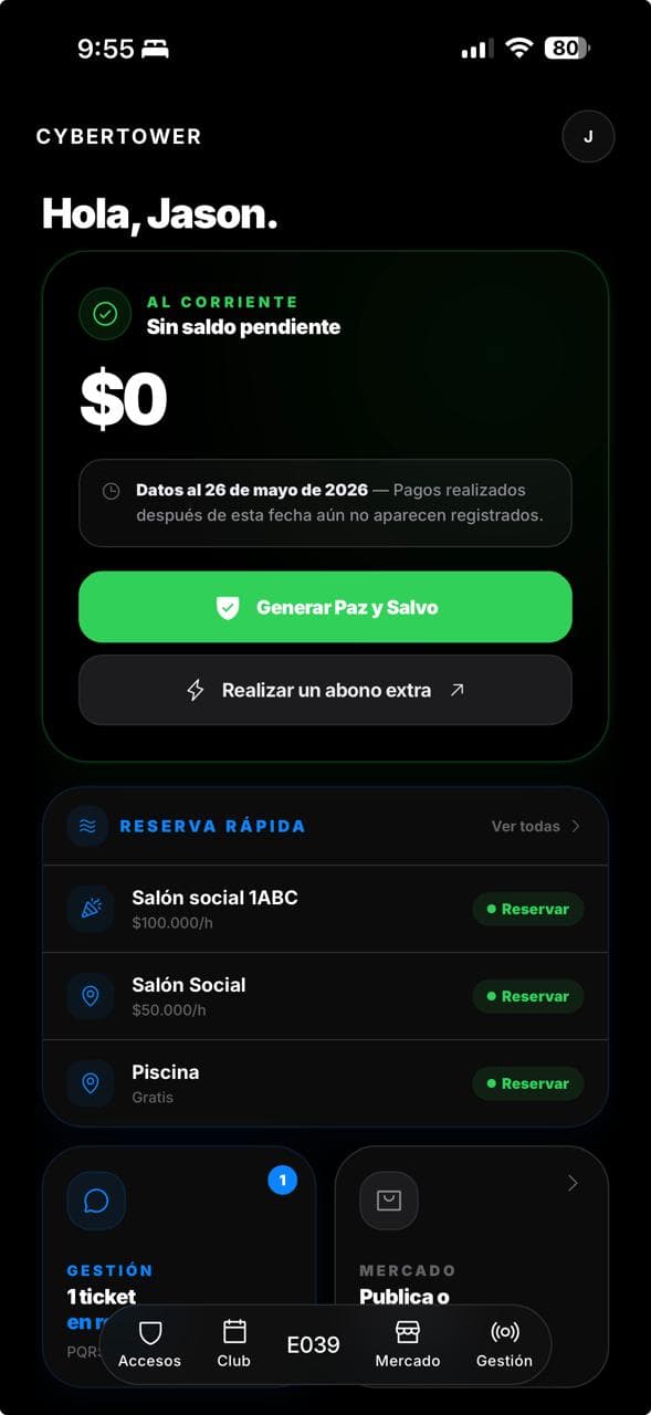 Portal Residente — Vista nocturna de la app